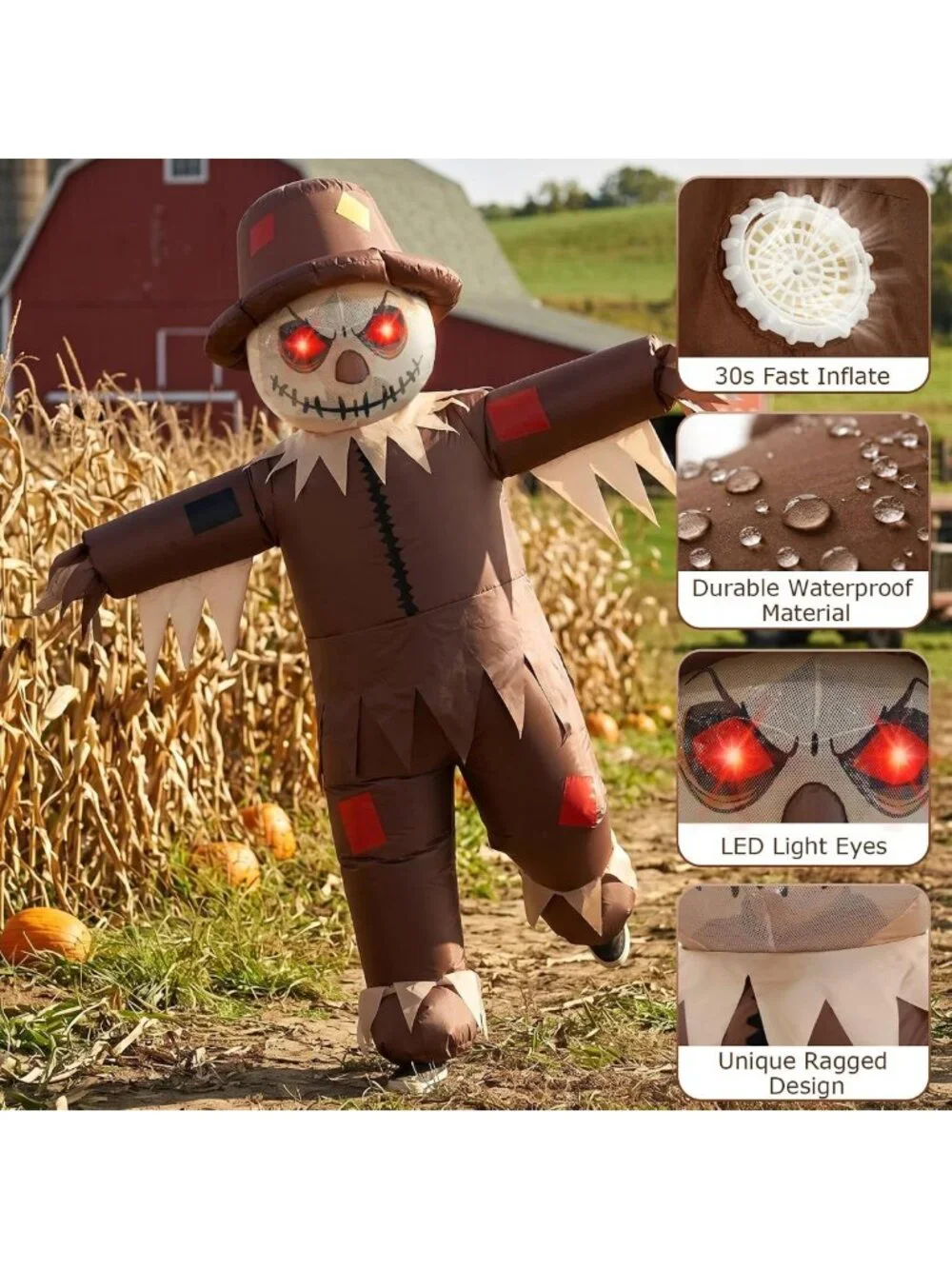 Inflatable Scarecrow Costume for Adults | Light-Up Eyes, Waterproof, USB Battery